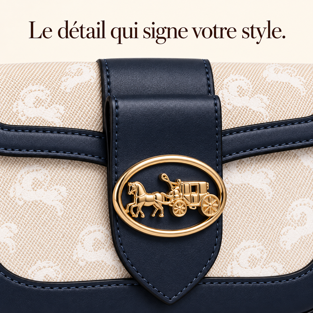 Sac à main Bleu Marine & Beige — Détails dorés