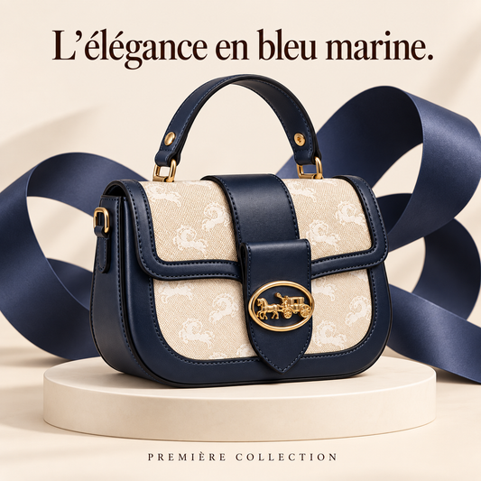 Sac à main Bleu Marine & Beige — Détails dorés