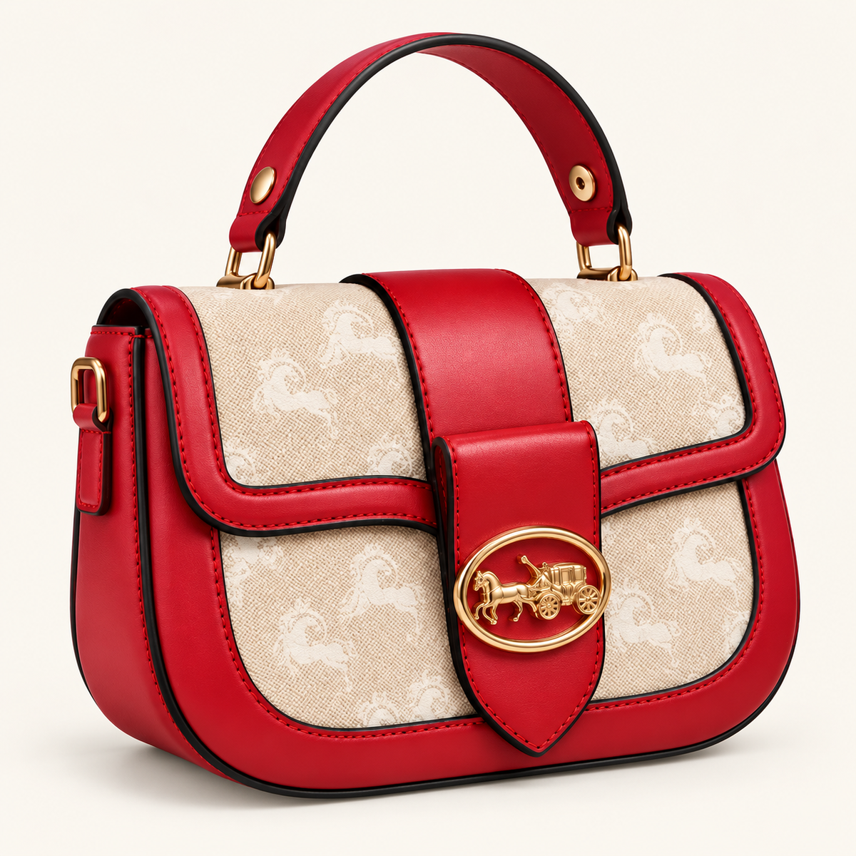 Sac à main Rouge & Beige — Détails dorés