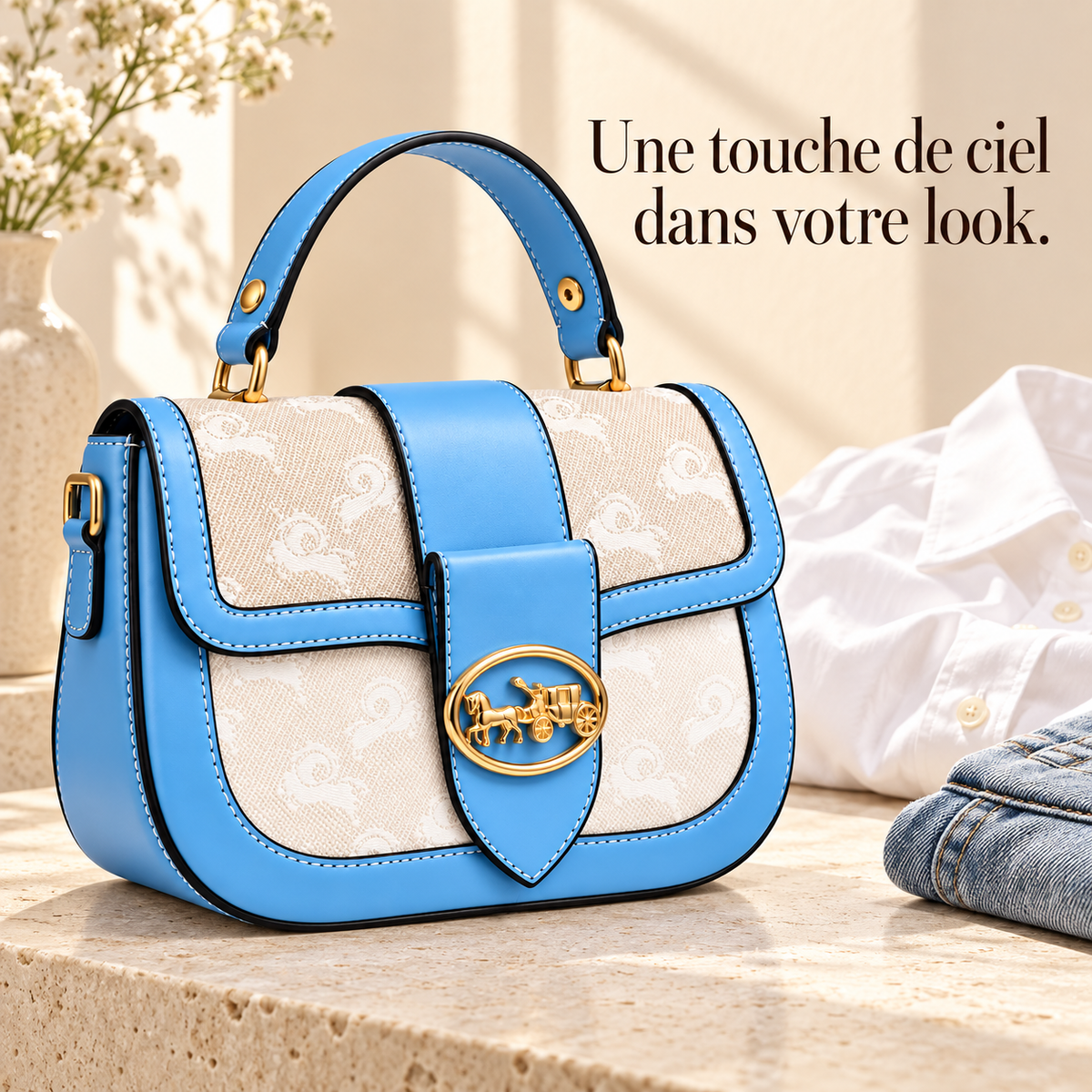 Sac à main Bleu Ciel & Beige — Détails dorés