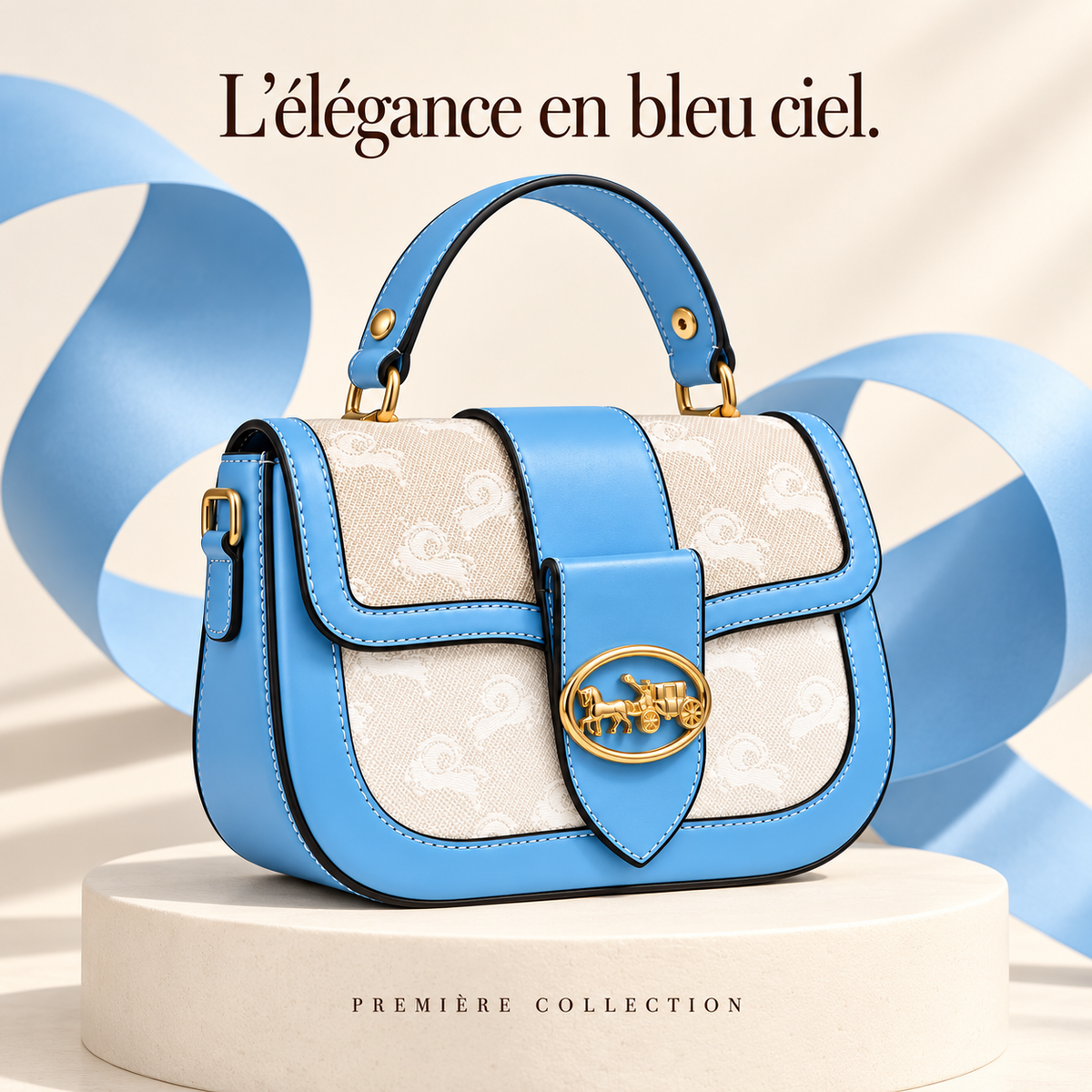 Sac à main Bleu Ciel & Beige — Détails dorés