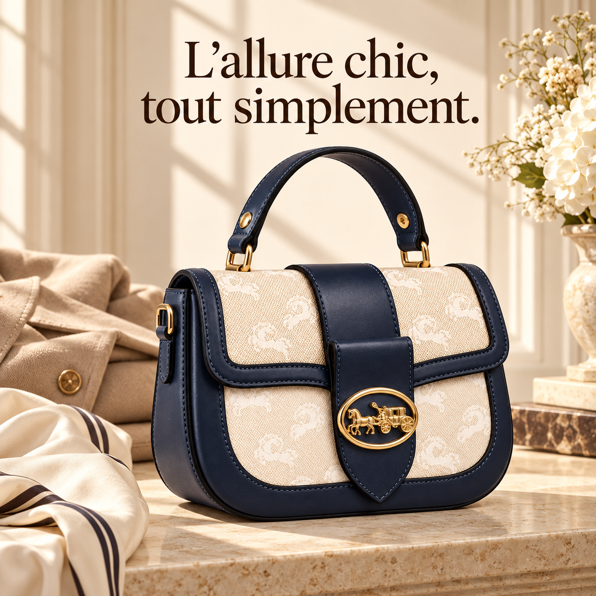 Sac à main Bleu Marine & Beige — Détails dorés