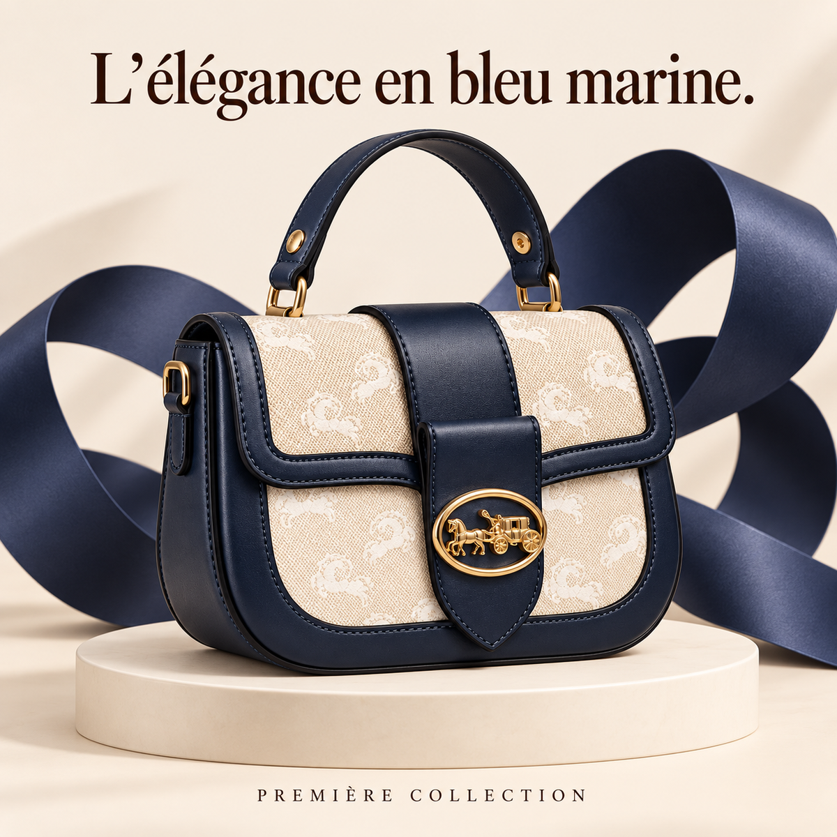 Sac à main Bleu Marine & Beige — Détails dorés