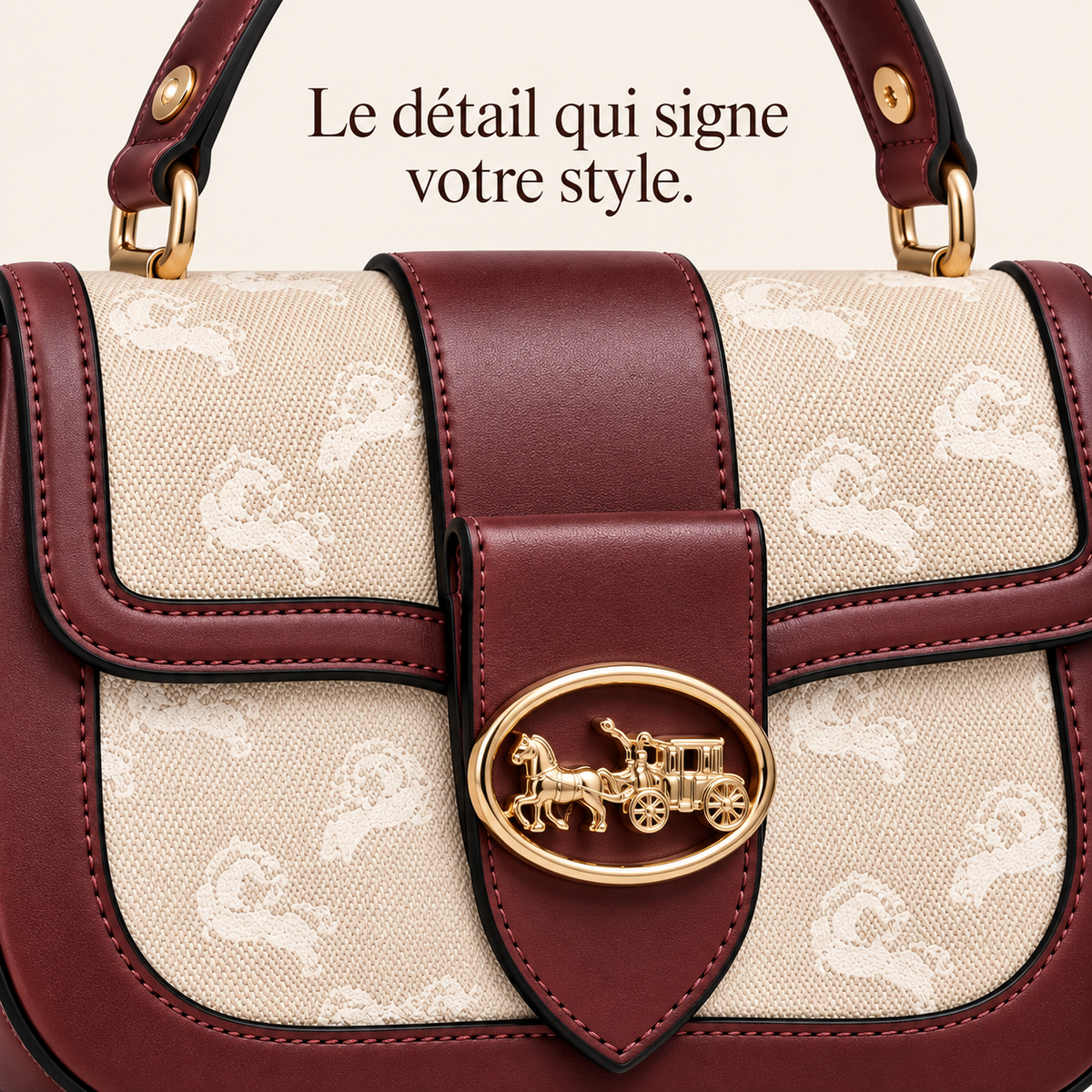 Sac à main Bordeaux & Beige — Détails dorés