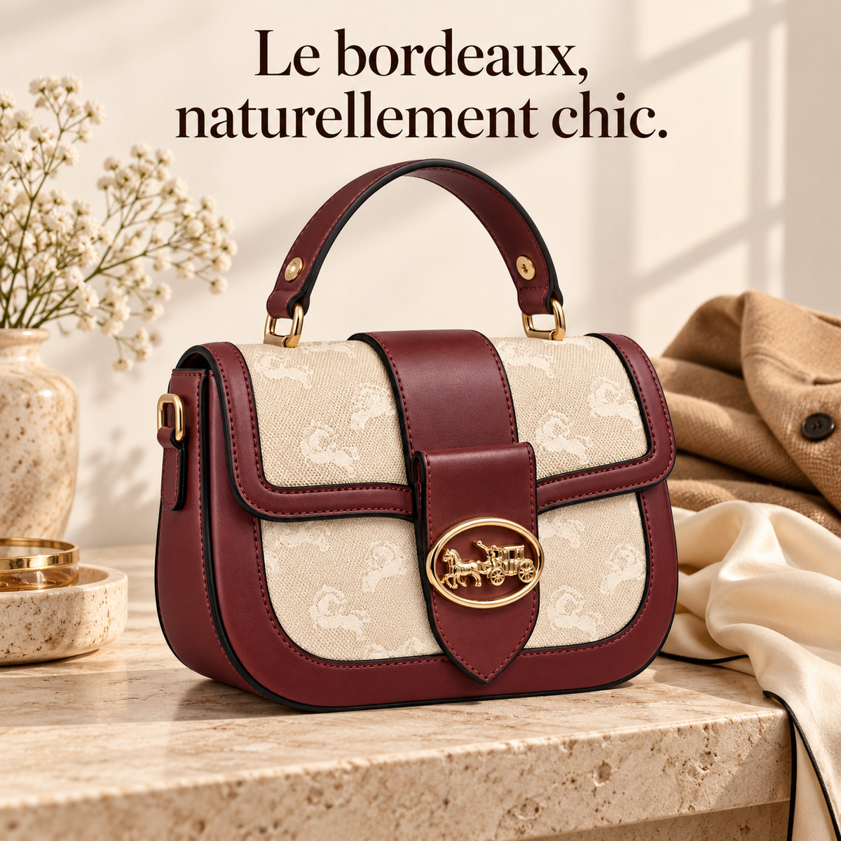 Sac à main Bordeaux & Beige — Détails dorés