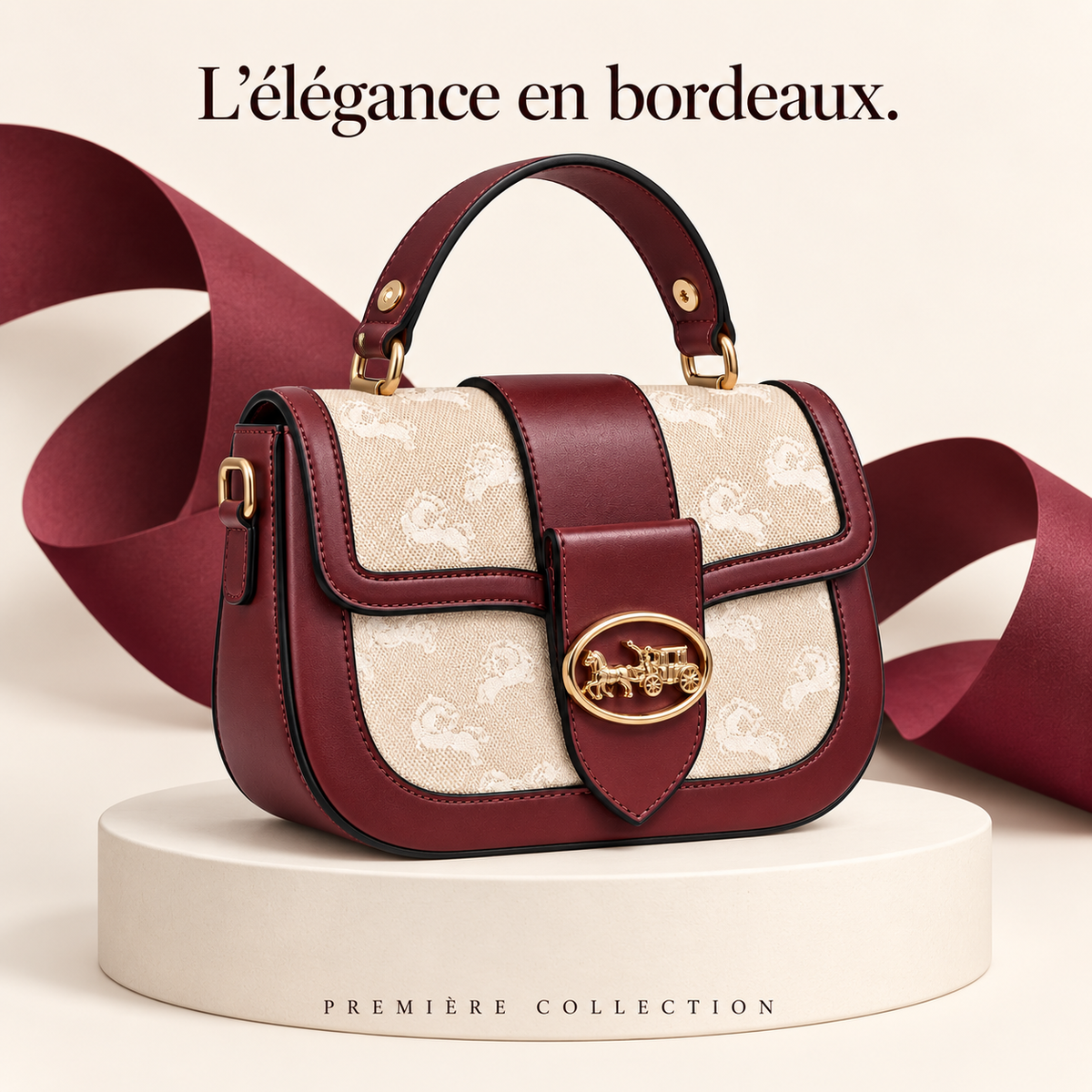 Sac à main Bordeaux & Beige — Détails dorés