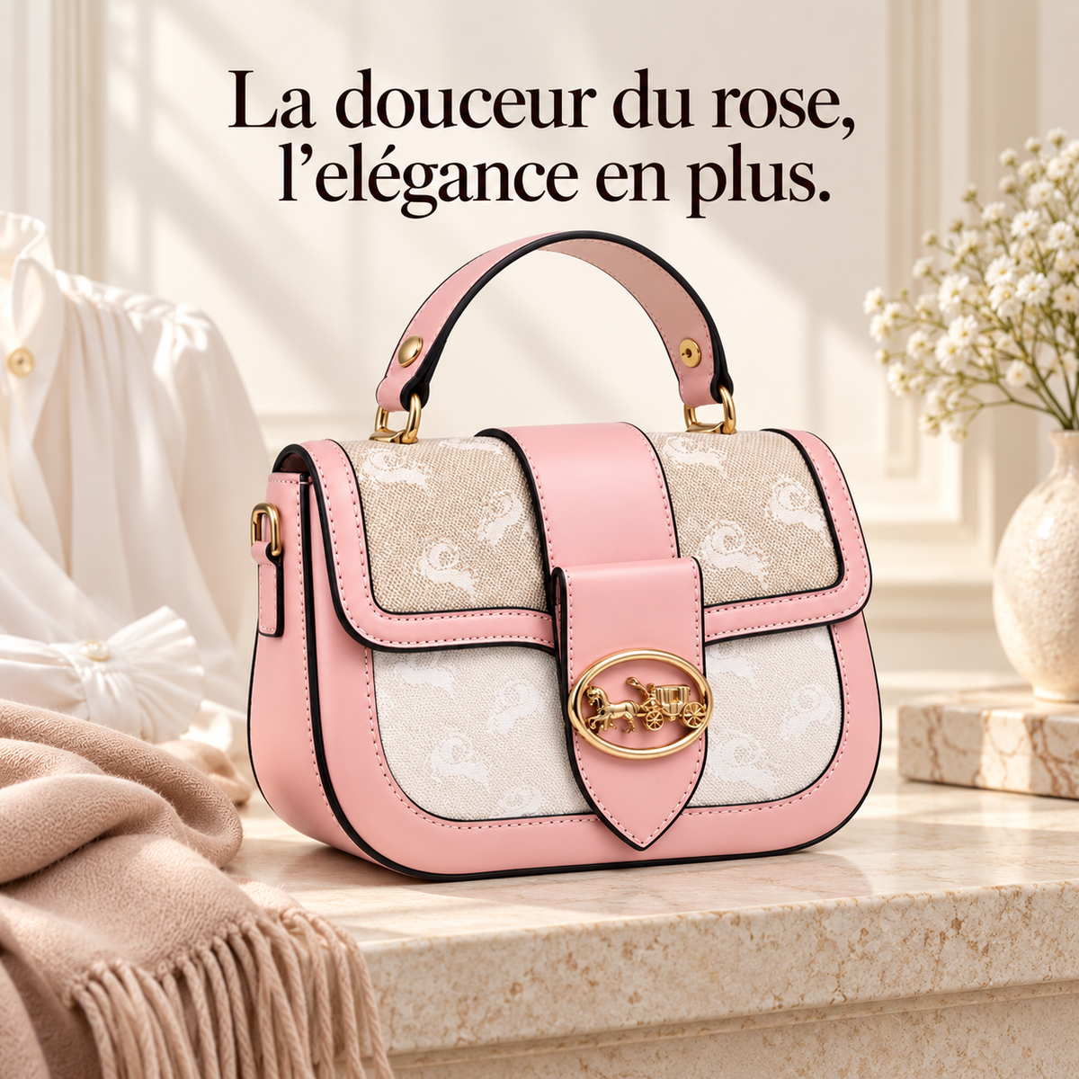 Sac à main Rose Poudré & Beige — Détails dorés